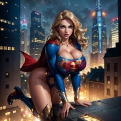 ai_generated big_breasts blonde_female blonde_hair blue_eyes busty cape cleavage dc dc_comics huge_breasts jamesdeanbooba kara_zor-el red_cape solo supergirl superhero_costume superheroine superman_(series) thick_thighs