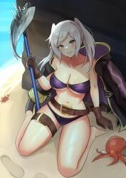 1girls absurdres alternate_costume ass_visible_through_thighs bare_shoulders beach belt bikini blush breasts brown_belt brown_eyes brown_gloves cleavage coat collarbone crab english_commentary female fire_emblem fire_emblem_awakening fire_emblem_heroes fish footprints gloves grey_hair highres holding_trident jacket jacket_on_shoulders long_hair looking_at_viewer navel nintendo o-ring o-ring_bikini octopus official_alternate_costume polearm purple_bikini purple_swimsuit redraw robin_(female)_(summer)_(fire_emblem) robin_(fire_emblem) robin_(fire_emblem)_(female) sand silver_hair sitting smile solo swimsuit thigh_belt trident twintails underboob wariza water weapon wet white_hair zet_(twt_zet)