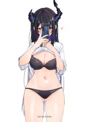 absurdres asymmetrical_horns bare_legs black_hair black_panties blue_hair blush bra breasts cellphone colored_inner_hair demon_horns female flashing highres hololive hololive_english hololive_english_-advent- horns keisea large_breasts long_hair looking_at_viewer mole mole_on_thigh mole_under_eye multicolored_hair naked_shirt nerissa_ravencroft panties phone red_eyes shirt solo t-shirt thighs two-tone_hair underwear uneven_horns very_long_hair virtual_youtuber white_shirt