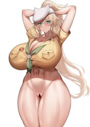 1girls arms_up barghest_(gawain)_(fate) barghest_(swimsuit_archer)_(first_ascension)_(fate) blonde_hair bottomless breasts censored censored_pussy fate/grand_order fate_(series) female green_eyes hat hi_res huge_breasts jingb_dx light-skinned_female light_skin long_hair massive_breasts pussy thick_thighs thighs thunder_thighs voluptuous wide_hips