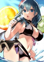 alternate_costume bikini black_bikini black_swimsuit breasts byleth_(fire_emblem) byleth_(fire_emblem)_(female) byleth_(summer)_(fire_emblem)_(female) female female_only fire_emblem fire_emblem:_three_houses fire_emblem_heroes hirotaka_(hrtk990203) nintendo official_alternate_costume open_mouth solo swimsuit