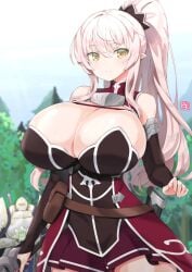 1boy arc_(skeleton_knight_in_another_world) ariane_glenys_maple bea_(adfhbcf4326) cleavage elf elf_ears female female_warrior gaikotsu_kishi-sama_tadaima_isekai_e_o_dekake-chuu huge_breasts long_hair looking_at_viewer outdoors outside pink_hair pointy_ears ponta_(skeleton_knight_in_another_world) smile smiling