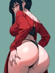 1girls ass ass_focus bare_shoulders big_ass big_breasts black_hair black_panties blush blushing booty breasts busty butt dat_ass dress earrings fat_ass female fringe grey_background hair_ornament hairband highres huge_ass jewelry large_breasts long_hair looking_at_viewer looking_back off-shoulder_sweater off_shoulder panties petite presenting_ass red_eyes red_sweater seductive_look sideboob sidelocks solo spy_x_family sweater sweater_dress thick_thighs thighs thong underwear viewed_from_below yor_briar zeon_(zzeeonn)