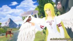 1girls 3d angel bird blonde_hair breasts day dress female female_only fire_emblem fire_emblem:_radiant_dawn green_eyes jollyoldsoldier leanne_(fire_emblem) long_hair medium_breasts musical_note nintendo outdoors singing solo wings