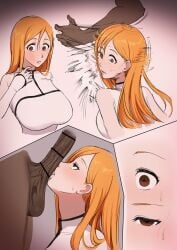 1boy 1girls arrancar bleach comic dark-skinned_male dark_skin face_slapping female giga inoue_orihime interracial kissing_penis light-skinned_female male penis_on_face slap