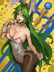 1girls black_lipstick black_nails breasts bunny_ears bunnysuit female female_only green_hair kid_icarus long_hair nintendo palutena pantyhose saiykik solo