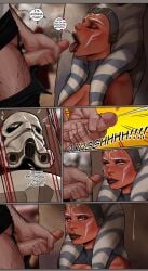 1boy 1boy1girl 1girls ahsoka_tano alien alien_girl bad_aim blush cherry-gig cleavage comic cum cum_on_wall cumshot dark-skinned_female dark_skin dialogue dissappointed dissappointed_look ejaculation english english_text funny humor imminent_cum imminent_cumshot kneeling large_breasts long_hair looking_at_viewer masturbation open_mouth orgasm parody parody_porn speech_bubble star_wars stormtrooper togruta tongue tongue_out uncensored white_hair