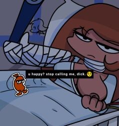 abitsheepish angry arm_cast black_eyes breasts broken_arm brown_hair hospital_bed hospital_gown in_bed pizza_tower sausage_toppin selfie selfie_stick text toppin_gals toppin_gals_minus8