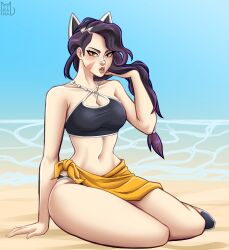 1girls 2023 2d 2d_(artwork) arms artist_logo artist_name artist_signature beach belly belly_button boobs bra breasts cat_ears cat_eyes catgirl court_queen_erisa_(fortnite) covered_breasts covered_nipples digital_drawing_(artwork) erisa_(fortnite) facing_viewer female female_focus female_only fingers fortnite front_view hair hands hips image legs light_skin long_hair looking_at_viewer mostly_clothed navel ocean open_eyes open_mouth sarong sitting sole_female stomach teeth_showing thighs tits tyrana waist yellow_eyes