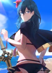 1girls alternate_costume ass beach bikini black_bikini black_capelet black_swimsuit blue_eyes blue_hair blue_sky breasts byleth_(female)_(fire_emblem) byleth_(female)_(summer)_(fire_emblem) byleth_(fire_emblem) byleth_(fire_emblem)_(female) capelet cloud commentary day female female_only fire_emblem fire_emblem:_three_houses fire_emblem_heroes flower gimkamres04 hair_flower hair_ornament highres large_breasts long_hair nintendo ocean official_alternate_costume red_flower sky solo swimsuit sword_of_the_creator upper_body water