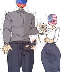 1boy 1girls before_sex big_breasts big_penis business_suit countryhumans countryhumans_girl erection erection_under_clothes female flawsy male penis ripped_pants russia_(countryhumans) smaller_female sweating united_states_of_america_(countryhumans)