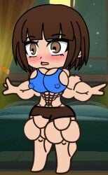 artist_request big_breasts big_muscles big_nipples blue_shirt blush boob_drop brown_eyes brown_hair brown_pasties gacha_club gacha_life looking_at_own_breasts looking_surprised muscle_growth muscular_female nipple_bulge nipples nipples_visible_through_clothing original_character sideboob