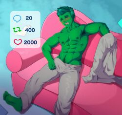 balls beast_boy blush boner bulge closed_eyes dc dc_comics erection erection_under_clothes fermrviper garfield_logan green_body green_skin male male_only masculine muscular penis pointy_ears shirtless solo solo_male strip_game teen_titans