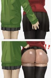 2girls amagi_yukiko ass ass_focus assisted_exposure back_view big_ass jacket miniskirt parody_porn persona persona_4 satonaka_chie school_uniform schoolgirl shiny_skin skirt skirt_lift skirt_pull stockings sunzo05 surprised sweat sweatdrop sweating thick_thighs thighhighs yuri