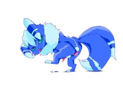 2014 2_tails alpha_channel anthro ass balls bent_over blep blue_body blue_eyes blue_fur bodily_fluids buri cum cum_on_balls cum_on_butt cum_on_face digital_media_(artwork) feral_only fluffy fur generation_6_pokemon genital_fluids genitals half-erect holding_leg leg_markings looking_at_viewer looking_back looking_back_at_viewer male markings meowstic multi_tail neck_tuft nintendo nude on_one_leg penis pokemon pokemon_(species) presenting side_view simple_background socks_(marking) solo standing striped_ears striped_markings striped_tail stripes tail tail_markings tapering_penis toe_markings tongue tongue_out transparent_background tuft