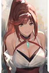 1girls bare_shoulders big_breasts breast_focus breasts chest_jewel cleavage close-up core_crystal criss-cross_halter detached_sleeves female_focus glimmer_(xenoblade) halterneck hi_res high_ponytail j@ck japanese_clothes kimono long_hair looking_at_viewer nintendo ponytail red_hair smile swept_bangs white_kimono wide_sleeves xenoblade_(series) xenoblade_chronicles_3 xenoblade_chronicles_3:_future_redeemed