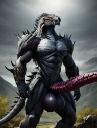 1boy ai_generated alien_humanoid furry huge_balls huge_cock monster monster_cock muscular muscular_anthro original original_character reptile reptile_humanoid ridged_penis saurian scales sentient_penis spikes