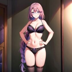 1girls ai_generated bikini black_bikini blue_eyes braid eiyuu_densetsu emma_millstein female female_only glasses large_breasts pink_hair sen_no_kiseki shy thighs trails_of_cold_steel witch