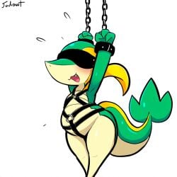 1:1 ai_generated anthro blindfold blush bondage bondage bound chains cuff_(restraint) female generation_5_pokemon hellsonger hi_res nintendo open_mouth pokemon pokemon_(species) reptile restraints scalie shackles simple_background snivy solo white_background