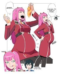 belly_bulge belly_expansion bloated bloated_belly bloated_stomach bloated_tummy darling_in_the_franxx dr-worm hiro_(darling_in_the_franxx) lewdlemage overweight overweight_female stuffed_belly zero_two_(darling_in_the_franxx)