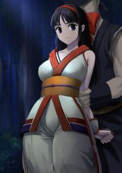 1boy 1girls ainu ainu_clothes arm_behind_back arm_grab big_breasts black_hair breasts busty hair_ribbon king_of_fighters large_breasts legs male nakoruru pants purple_eyes samurai_shodown snk thighs