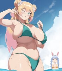 2girls :o bikini blush breast_envy double_bun flat_chest hololive hololive_fantasy hololive_gen_5 hololive_japan huge_breasts momosuzu_nene one_eye_closed partially_submerged pulling_bikini_string setawar_(coco) skindentation swimming_pool thick_thighs usada_pekora virtual_youtuber voluptuous wide_hips