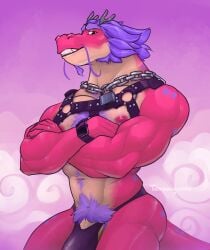 2024 abs anthro barazoku barbel_(anatomy) bedroom_eyes big_bulge big_muscles body_hair bulge chain_necklace chains chest_hair claws clock clothed clothing crossed_arms deltoids dragon eastern_dragon eyebrows flesh_whiskers gradient_background hair happy_trail harness hi_res horn jewelry lock long_(wish_dragon) looking_at_viewer male muscular muscular_anthro muscular_male narrowed_eyes navel necklace nipples non-mammal_nipples pecs pubes purple_background scalie seductive simple_background smile solo standing tambangwoof teeth thong topless topless_anthro topless_male triceps underwear watch wingless_dragon wish_dragon