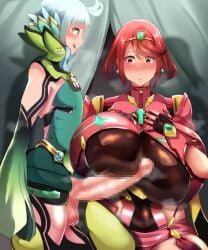 1boy 1girls aroused big_breasts big_penis blue_hair blush clothed_female female femboy femboy_on_female floren_(xenoblade) herorainbowpai2 herorainbowpaint larger_female partially_nude penis_awe pyra pyra_(xenoblade) red_eyes red_hair shocked size_difference smaller_male xenoblade_(series) xenoblade_chronicles_2