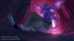 devil devil_horns femdom game_cg giantess horns nude nude_female painkillerakapk purple_hair purple_skin queendom_of_lithzena stomping wings