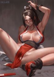 1girls against_wall arm_up armpit_crease armpits asian bare_legs bare_shoulders bleeding blood breasts brown_hair bruise clenched_teeth collarbone cum cum_on_floor elleciel.eud fatal_fury female high_ponytail highres imminent_deepthroat imminent_oral injury japanese_clothes king_of_fighters large_breasts long_hair mai_shiranui nipple_slip nipples nosebleed on_floor ponytail retrained ryona scratches sweat teeth thighs torn_clothes