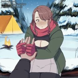 animated big_breasts bouncing_breasts bra brown_hair camping_tent cleavage cold cowgirl_position junkpuyo large_breasts lifting_shirt pov riding_penis sex snow straddling undressing winter_clothes