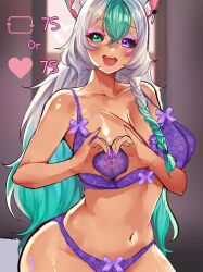 1girls angstowo belly_button blush bra breasts cleavage eyebrows_visible_through_hair female female_only fox_ears fox_girl green_eyes hand_gesture heart_hands heterochromia huge_breasts indie_virtual_youtuber indoors kitsune like_and_retweet like_icon lingerie lipstick looking_at_viewer makeup monster_girl panties pink_eye purple_bra purple_lipstick purple_nails purple_panties retweet_icon solo strip_game tan-skinned_female tan_skin underwear virtual_youtuber vixxann