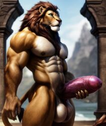 1boy ai_generated anthro felid feline felis forsen_you_look_like_a_lion huge_balls huge_cock lion muscular muscular_anthro thancrus