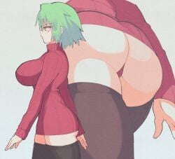 ass ass_focus bare_legs black_thighhighs breasts butt_crack commentary female from_behind from_below from_side green_hair hair_between_eyes hikage_(senran_kagura) inkerton-kun inkuusan large_breasts long_sleeves looking_away multiple_views open_mouth panties red_panties red_sweater ribbed_sweater senran_kagura shaded_face short_hair sweater symbol-only_commentary thighhighs thighs turtleneck turtleneck_sweater underwear upskirt walking yellow_eyes zettai_ryouiki