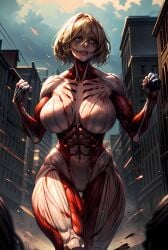 1girls abs absurd_res absurdres ai_generated annie_leonhardt athletic attack_on_titan big_breasts blonde_hair blood blue_eyes breasts curvaceous curves curvy_body curvy_figure curvy_hips female_titan giantess hair_between_eyes highres hips huge_breasts hyper_thighs massive_thighs muscular muscular_female pussy scar shingeki_no_kyojin short_hair smile solo solo_focus teeth thick_thighs thunder_thighs vagina voluptuous wide_hips