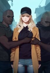 1girls 2boys ai_generated big_breasts blonde_hair blue_eyes breasts cap coat dark-skinned_male dark_skin expressionless female fully_clothed grope groping groping_breasts interracial light-skinned_female light_skin long_hair male resident_evil resident_evil_8:_village rosemary_winters