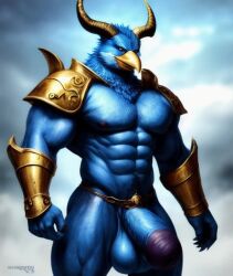 1boy ai_generated anthro avian avian_humanoid blue_feathers horns huge_balls huge_cock monster monster_cock muscles muscular muscular_anthro muscular_male thancrus