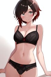 1girls ai_generated black_bra black_hair black_panties bra cleavage female panties red_hair ruby_rose rwby short_hair silver_eyes smile