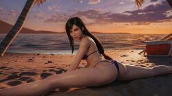 3d 3d_(artwork) ai_generated beach big_ass big_breasts bikini bikini_bottom bikini_top dark_hair final_fantasy final_fantasy_vii final_fantasy_vii_remake leshay7 red_eyes splits spread_legs tifa_lockhart