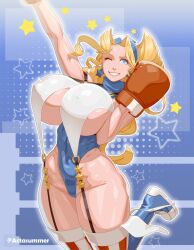 1girls arm_up armpits big_breasts blonde_hair blue_eyes boxing_gloves breasts capcom clothing earrings female female_only gloves ictiwinter large_breasts light-skinned_female light_skin lips long_hair looking_at_viewer materclaws one_eye_closed open_mouth red_boxing_gloves red_gloves rival_schools solo star_earrings stockings thick thick_hips thick_thighs tiffany_lords wide_hips