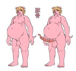 animal_genitalia animal_penis anthro balls big_penis blonde_hair domestic_pig erection genitals hair hi_res huge_cock komenuka_inaho looking_away male mammal nude overweight overweight_male penis pink_body porcine_penis satin_(komenuka_inaho) simple_background smile solo suid suina sus_(pig) white_background