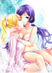 2girls ayase_eli bed blonde_hair blue_eyes bra breast_press breasts_pressed_together cleavage hand_on_another's_hip hand_on_another's_neck hand_on_another's_shoulder lace-trimmed_bra lace-trimmed_panties large_breasts long_hair looking_at_each_other love_live! love_live!_school_idol_project multiple_girls mytyl navel neck_grab pajamas panties purple_hair shirt sitting sitting_on_bed sitting_on_lap sitting_on_person smile toujou_nozomi turquoise_eyes twintails underwear underwear_only yuri