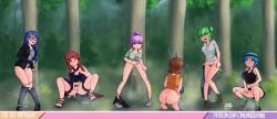 bending_over blush bottomless butt cellphone dress_lift embarrassed expressionless female jailor_eckman legs_apart legs_together multiple_girls panties panties_around_leg panties_down peeing pubic_hair public pussy squatting standing standing_pee