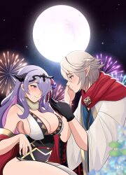 1boy 1girls absurdres alternate_costume breasts camilla_(fire_emblem) camilla_(new_year)_(fire_emblem) cleavage corrin_(fire_emblem) corrin_(male)_(fire_emblem) corrin_(male)_(new_year)_(fire_emblem) female fire_emblem fire_emblem_fates fire_emblem_heroes fireworks grey_hair highres ihsnet japanese_clothes kimono looking_at_another male moon nintendo obi official_alternate_costume pointy_ears purple_hair red_robe robe sash scarf smile thighs tiara