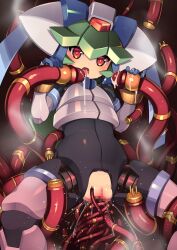 armor censored commission consensual_tentacles crop_top cum cum_in_mouth female green_hair gummyrise helmet highres licking mechanical mechanical_tentacles mega_man mega_man_zx open_mouth pandora_(mega_man) red_eyes robot_girl sex skeb_commission solo tagme tentacle tentacle_sex tongue vaginal_penetration