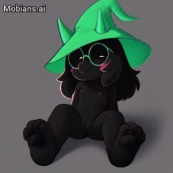 1girls ai_generated black_body black_fur black_paws blush blushing blushing_at_viewer closed_pussy deltarune embarrassed embarrassed_nude_female female female_only flat_chest fur furry furry_female genderswap_(mtf) glasses goat hands_behind_back horns looking_at_viewer naked nipples no_breasts nude paws pink_nipples pussy ralsei ralsei_(female) ralsei_with_black_fur ralseifunlol rule_63 sitting solo spread_legs spreading