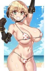 1girls :3 alternate_breast_size bikini blonde_hair breasts choker ebora elbow_gloves fate/grand_order fate_(series) female gareth_(fate) gloves green_eyes huge_breasts light-skinned_female light_skin navel short_hair skindentation smile swimsuit youngmanisdown