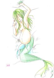 1girls arms_up birth birthing_pains blush breasts eyes_closed fish_tail green_hair long_hair mermaid open_mouth pain pregnant tagme topless topless_female