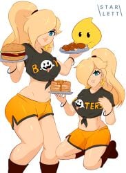 1girls 2d 2d_(artwork) belly_button black_topwear blonde_hair blue_eyes booters booty_shorts bracelet burger c_starlett chicken female_only hair_over_one_eye hair_tied_back hooters_(parody) knee_boots knot looking_at_viewer luma mario_(series) midriff nintendo pancake ponytail princess_rosalina shirt_knot signature star_earrings super_mario_galaxy t-shirt