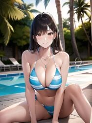 1girls ai_generated ai_mirror arms_in_front belly_button big_breasts bikini blue_bikini blush brown_eyes brown_hair bushes earrings hands_on_floor long_hair looking_at_viewer necklace palm_trees pendant pool pool_chair pool_ladder poolside sitting smile spread_legs trees white_skin